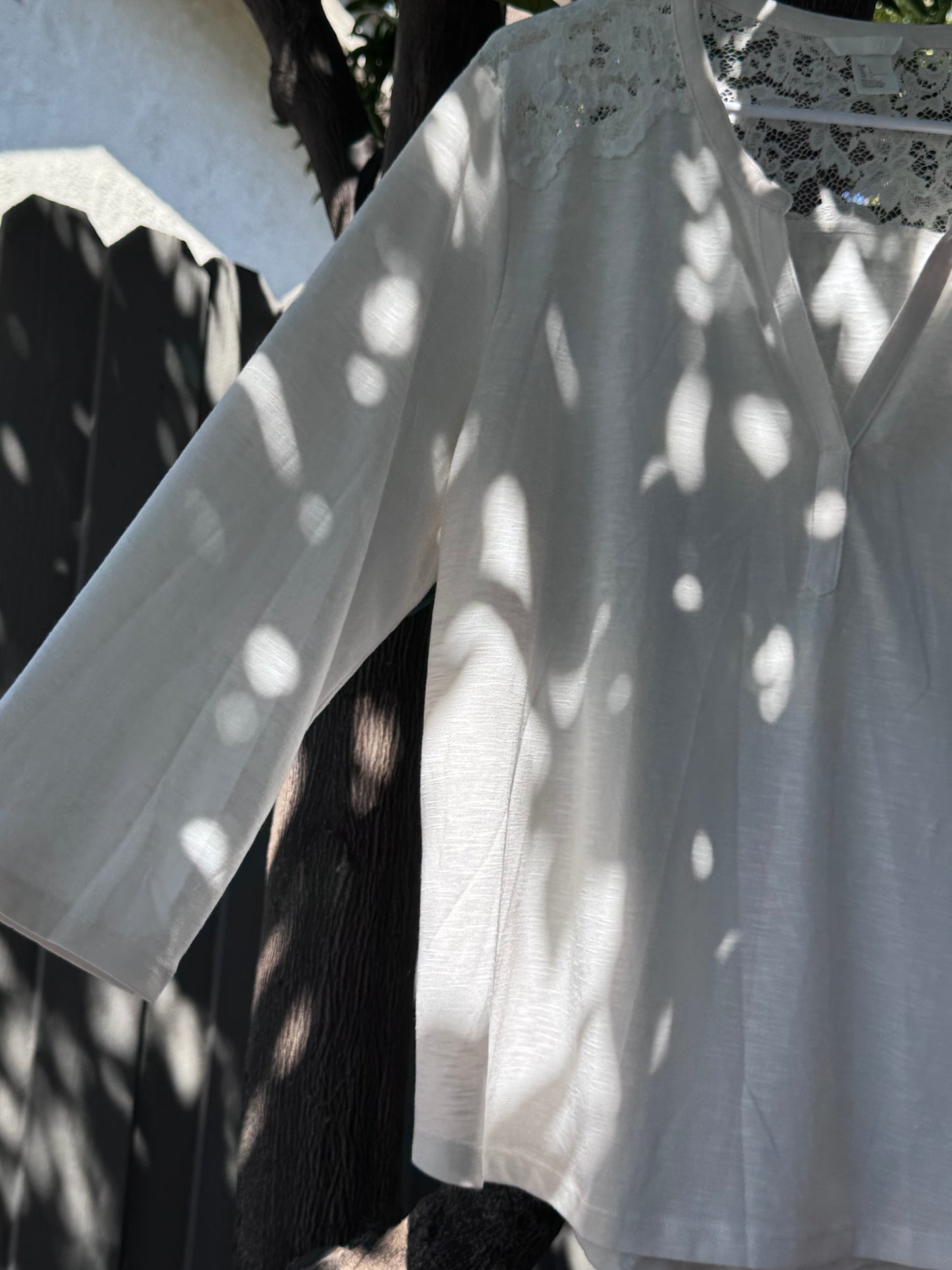 H&M Cream Long Sleeve Blouse with Lace Shoulder Detail – Size L