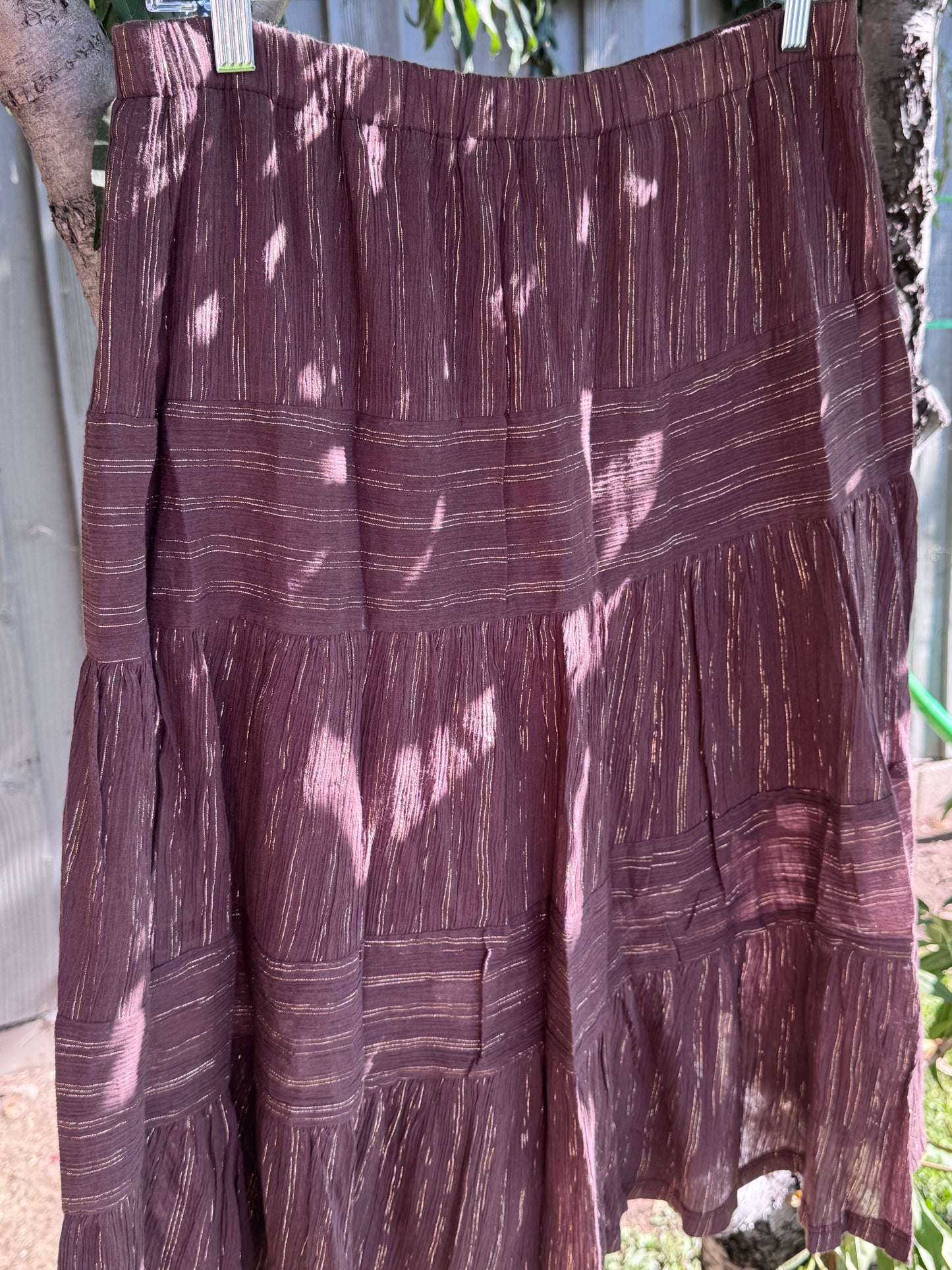 Yas Brown Metallic Tiered Boho Skirt Sz L Made in USA