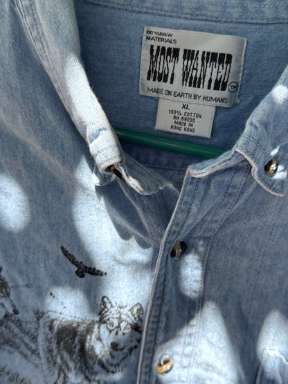 Vintage Wolf Graphic Denim Shirt 1990s Most Wanted Sz XL