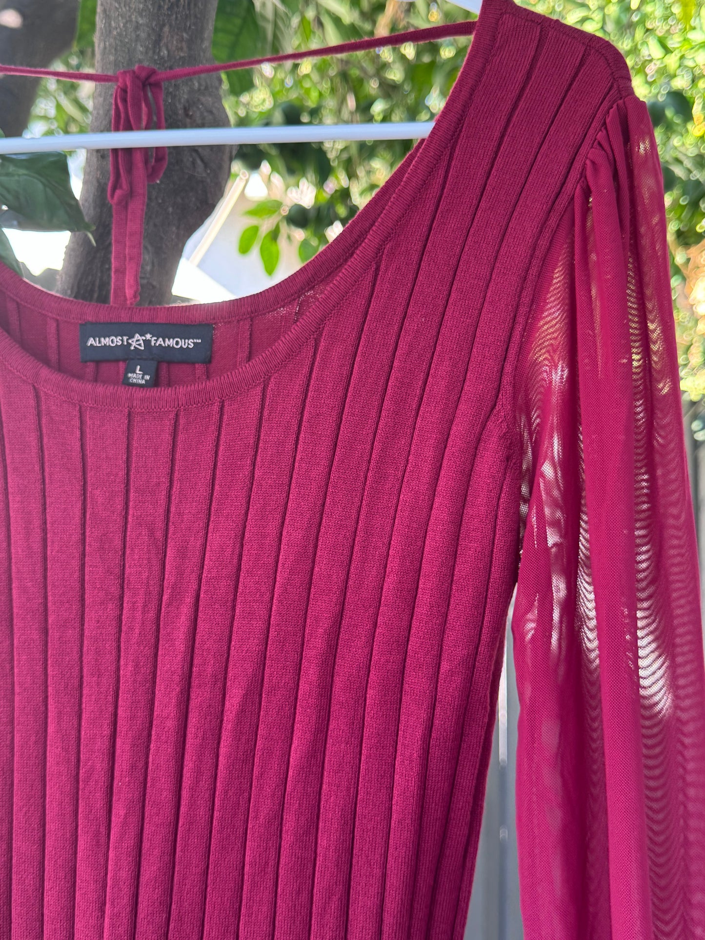 Almost Famous Magenta Ribbed Knit Sweater Top with Sheer Sleeves – Size L