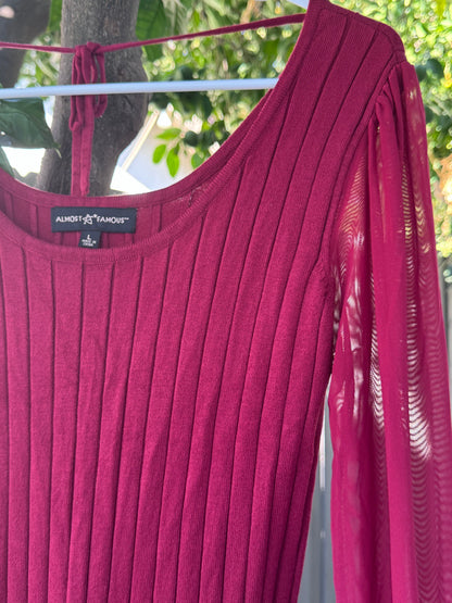 Almost Famous Magenta Ribbed Knit Sweater Top with Sheer Sleeves – Size L