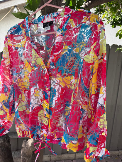 Lark Lane Bright Abstract Floral Button Front Blouse Women’s Sz 14