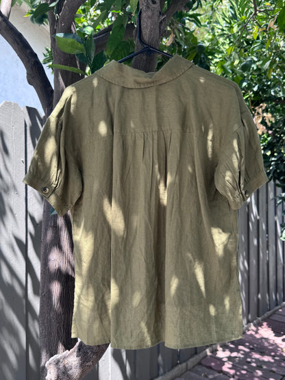 NEW Nicole Miller New York Olive Green Button Front Linen Blend Blouse Sz S