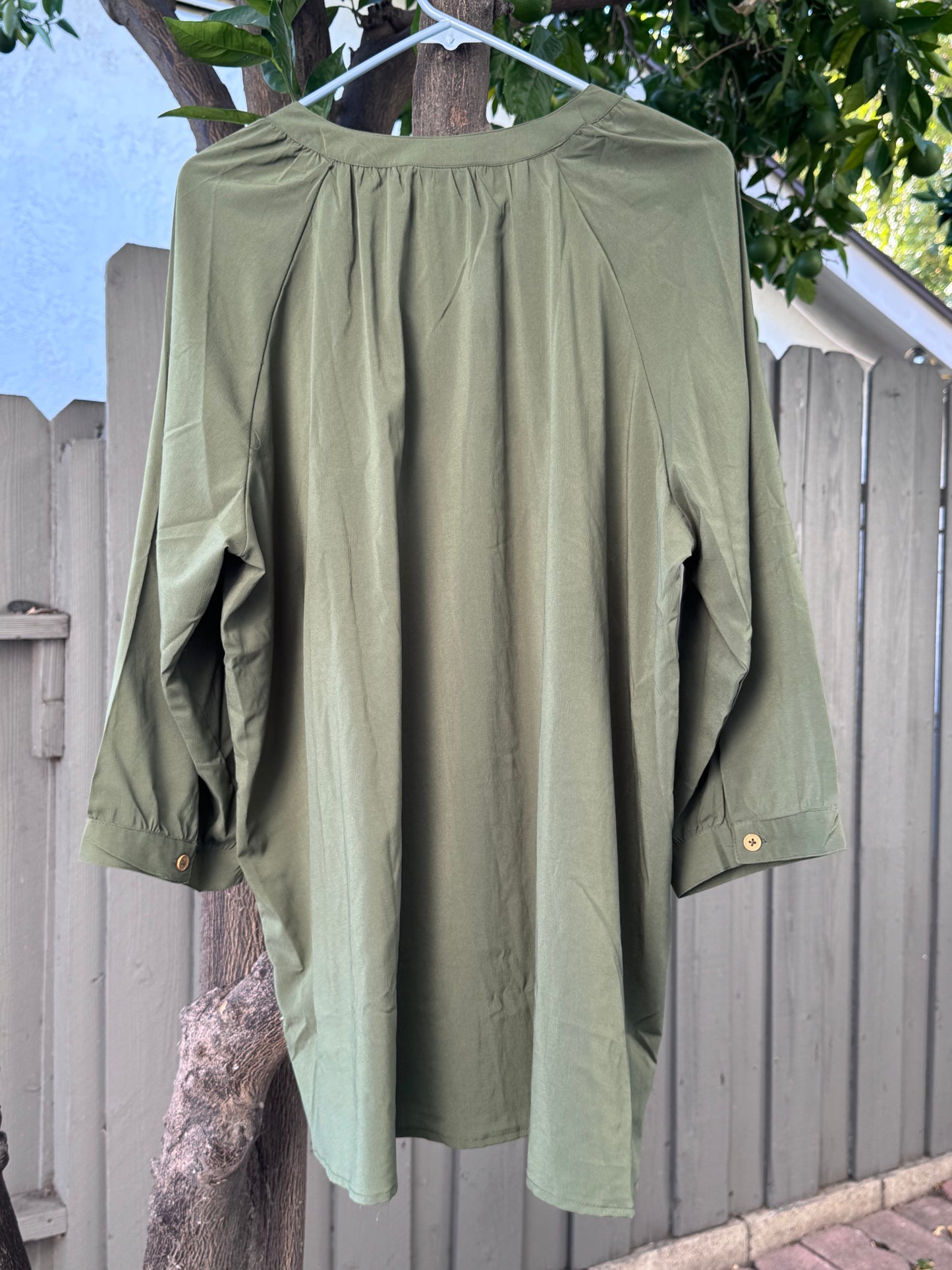 Catherines Olive Green Button Front Blouse 3/4 Sleeve Tunic Top Sz 1X