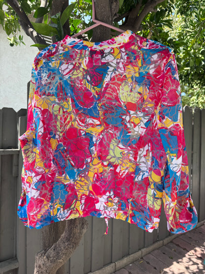 Lark Lane Bright Abstract Floral Button Front Blouse Women’s Sz 14