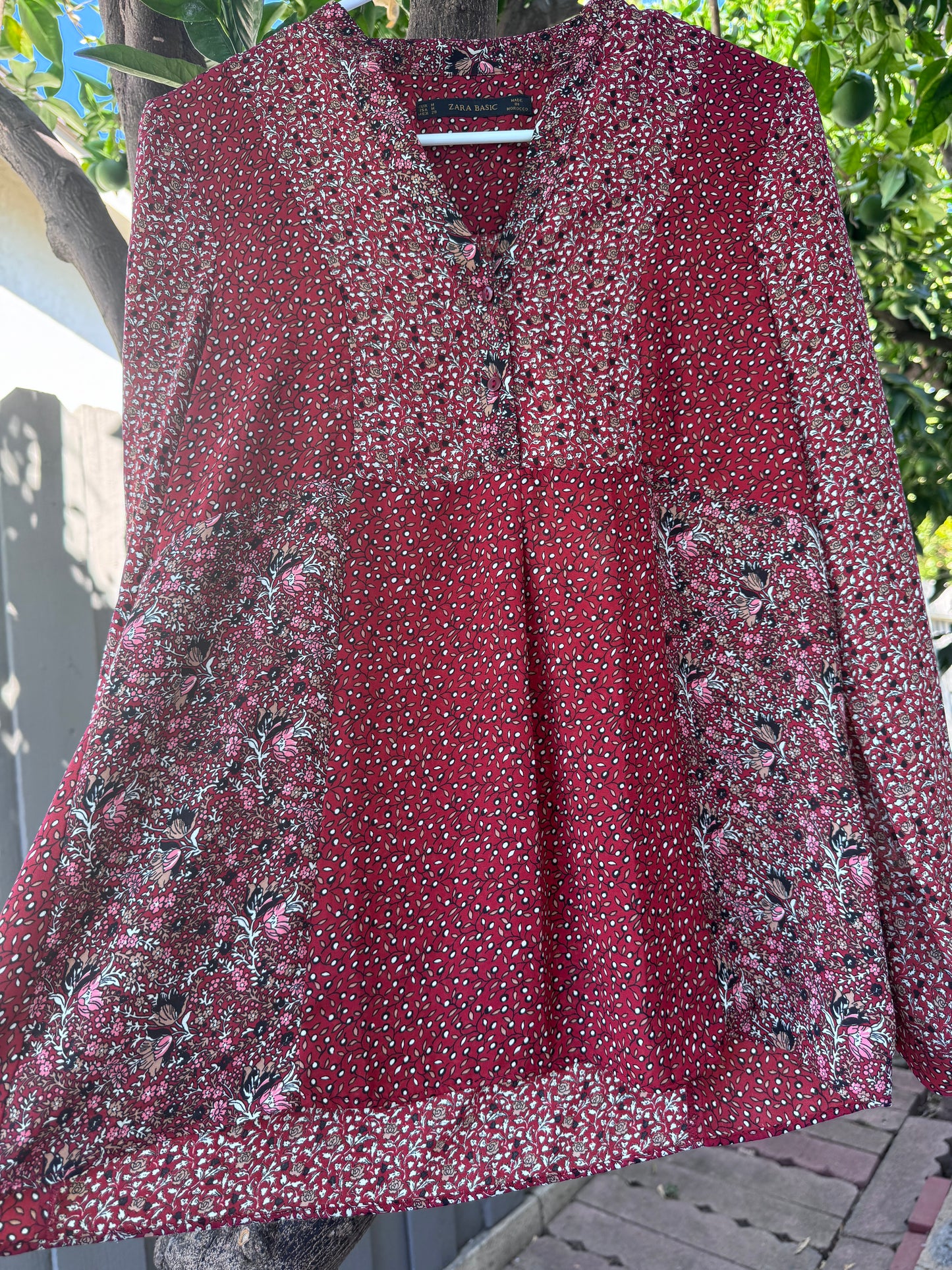 Zara Basic Burgundy Floral Patchwork Blouse – Size L