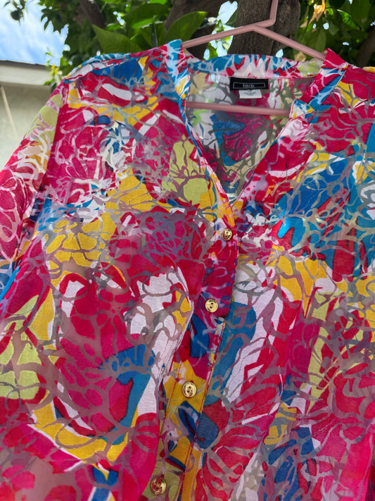 Lark Lane Bright Abstract Floral Button Front Blouse Women’s Sz 14