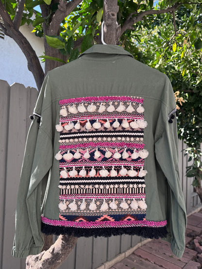 Zara TRF Olive Green Utility Jacket with Boho Embroidered Back Sz M