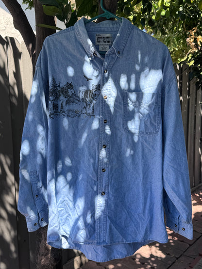 Vintage Wolf Graphic Denim Shirt 1990s Most Wanted Sz XL