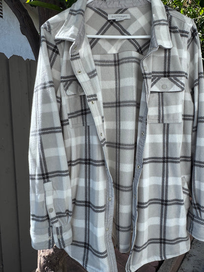 Dictionary Gray Plaid Button-Up Fleece Shacket Sz L