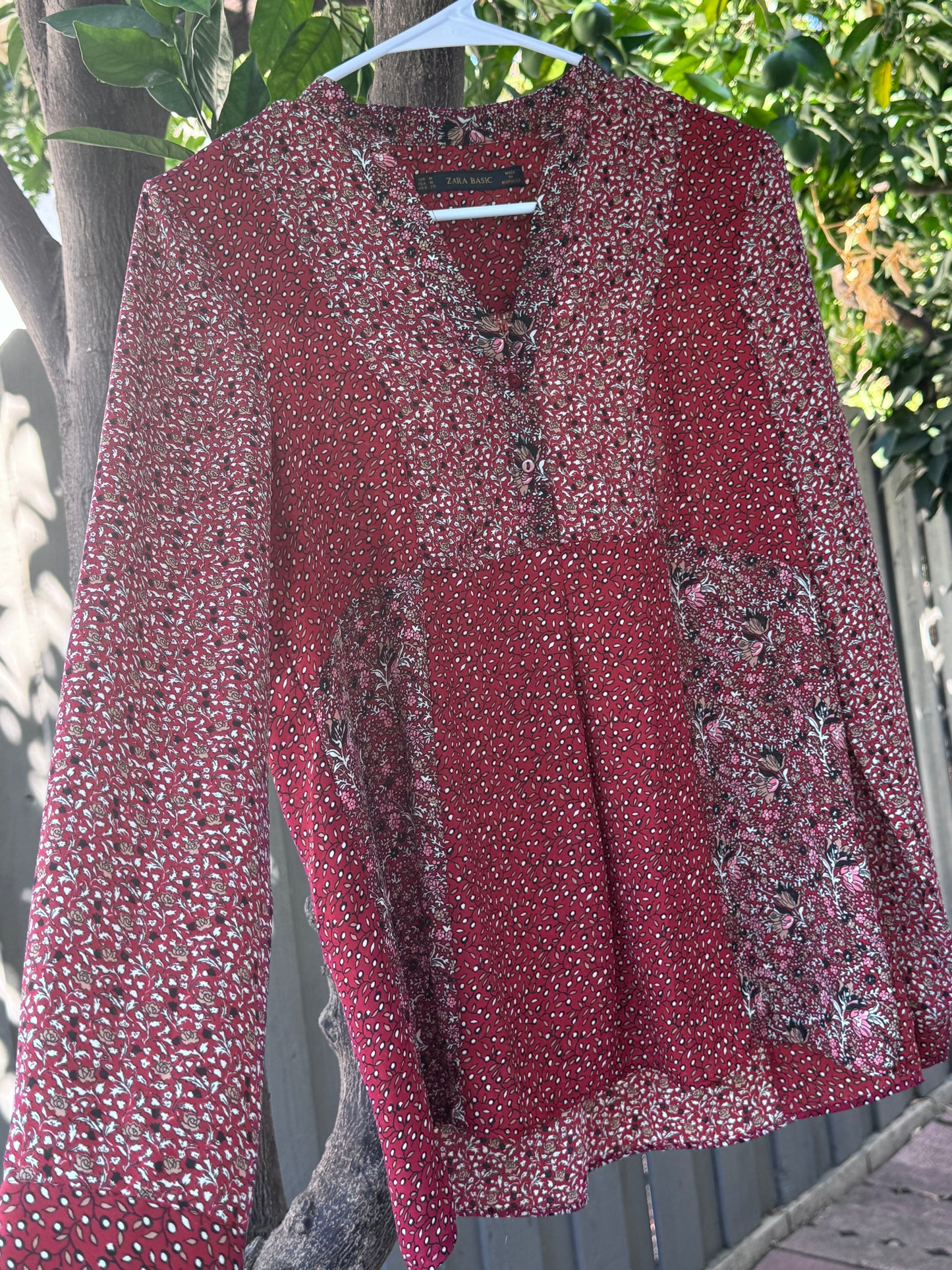 Zara Basic Burgundy Floral Patchwork Blouse – Size L