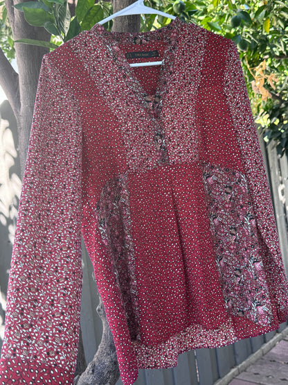 Zara Basic Burgundy Floral Patchwork Blouse – Size L