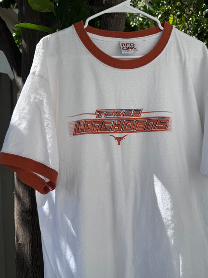 Vtg Texas Longhorns Ringer Tee Sz XL White/Orange Red Oak Sportswear