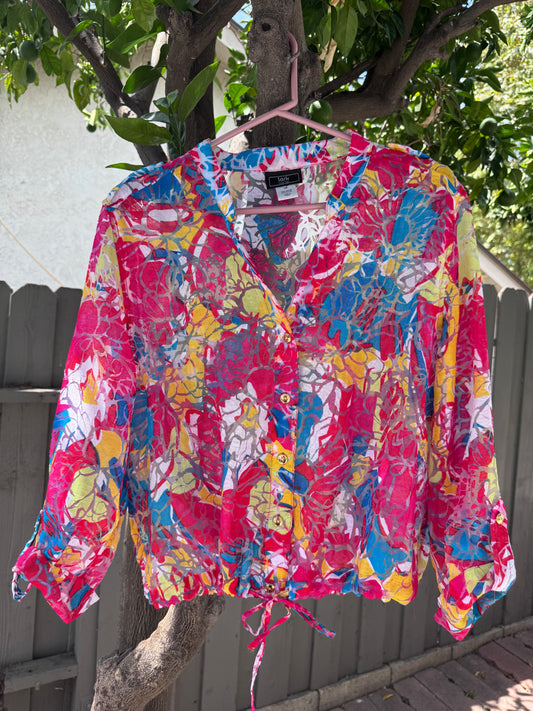 Lark Lane Bright Abstract Floral Button Front Blouse Women’s Sz 14
