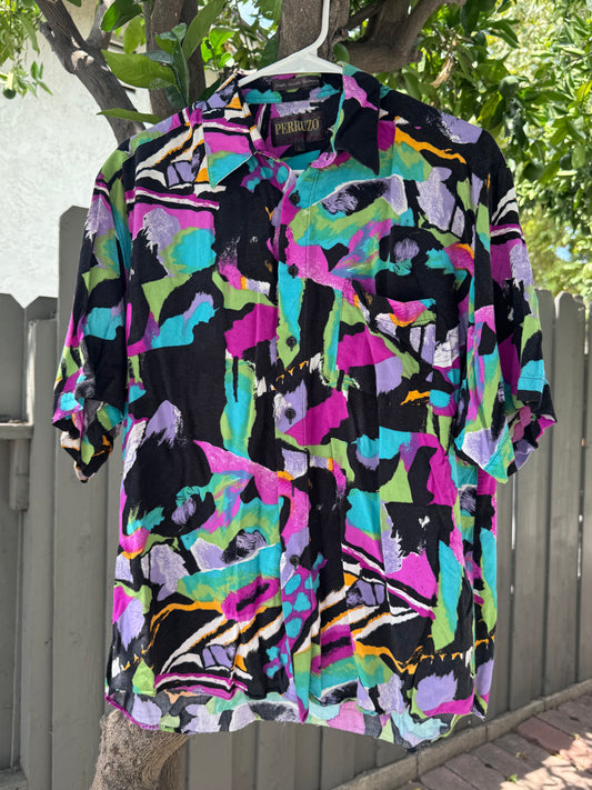 Vtg Perruzo Uomo Abstract Rayon Shirt 80s/90s Sz L