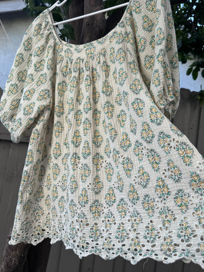Solitaire Boho Peasant Floral Cotton Eyelet Blouse Sz XL