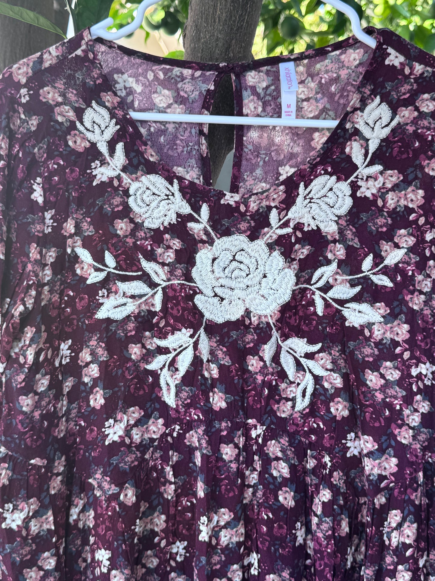 Xhilaration Burgundy Floral Embroidered Boho Dress – Size M
