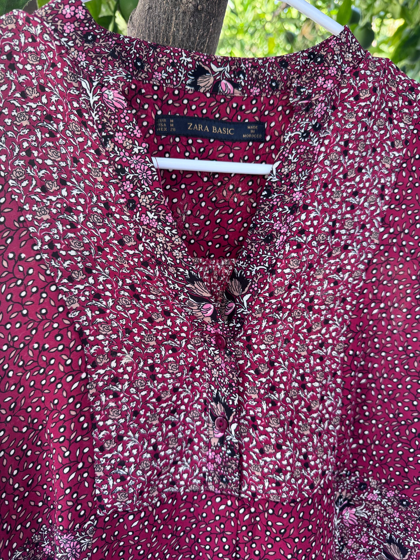 Zara Basic Burgundy Floral Patchwork Blouse – Size L