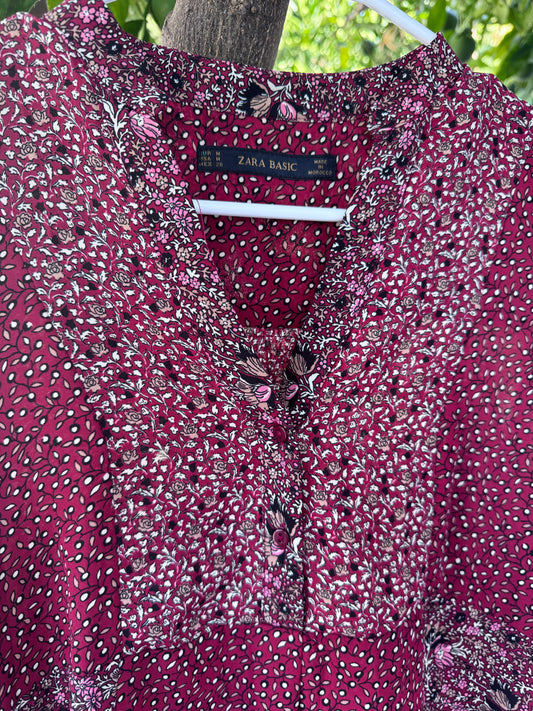 Zara Basic Burgundy Floral Patchwork Blouse – Size L