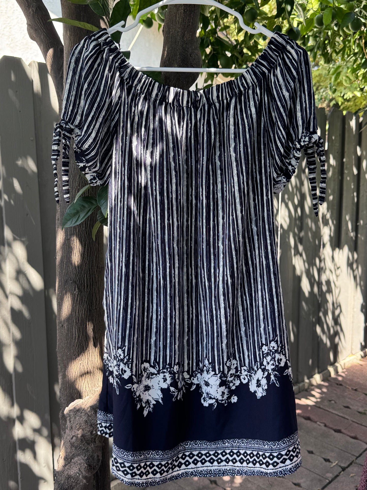 Xhilaration Navy Blue & White Off-Shoulder Boho Dress – Size M