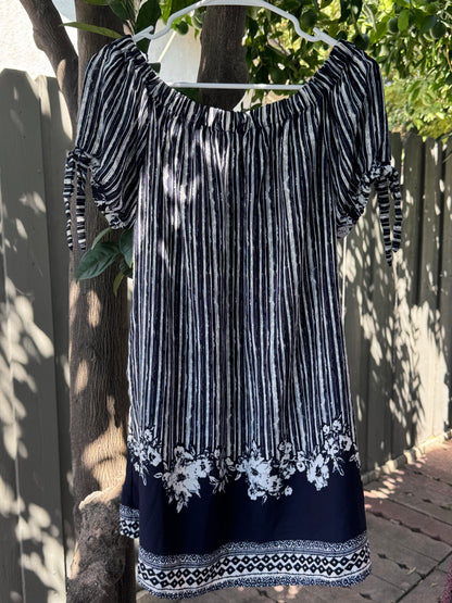 Xhilaration Navy Blue & White Off-Shoulder Boho Dress – Size M