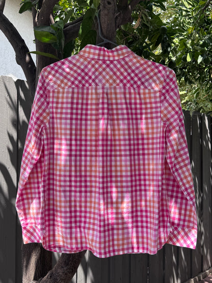 Talbots Petite Pink and Orange Gingham Button-Down Shirt Sz PM