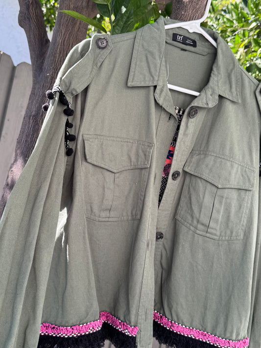 Zara TRF Olive Green Utility Jacket with Boho Embroidered Back Sz M