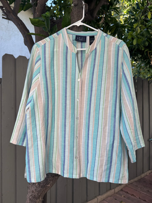 Vtg 90’s Crazy Horse by Liz Claiborne Linen Blend Striped Button Up Blouse Sz XL