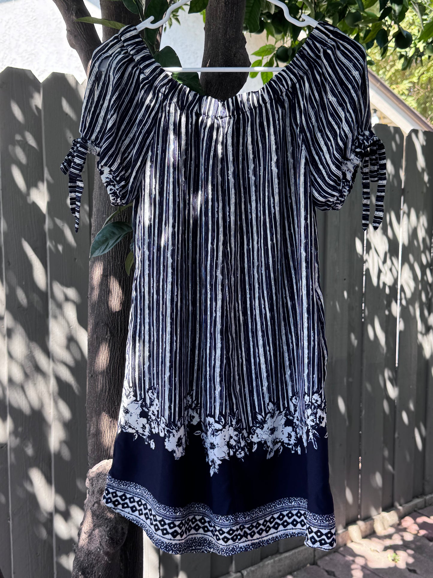 Xhilaration Navy Blue & White Off-Shoulder Boho Dress – Size M