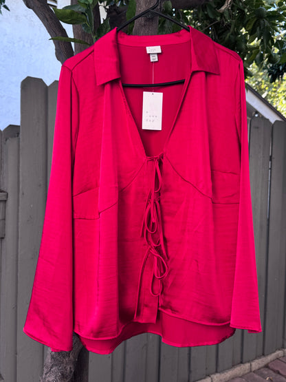 NEW A New Day Tie-Front Bright Red Satin Blouse Sz 2X