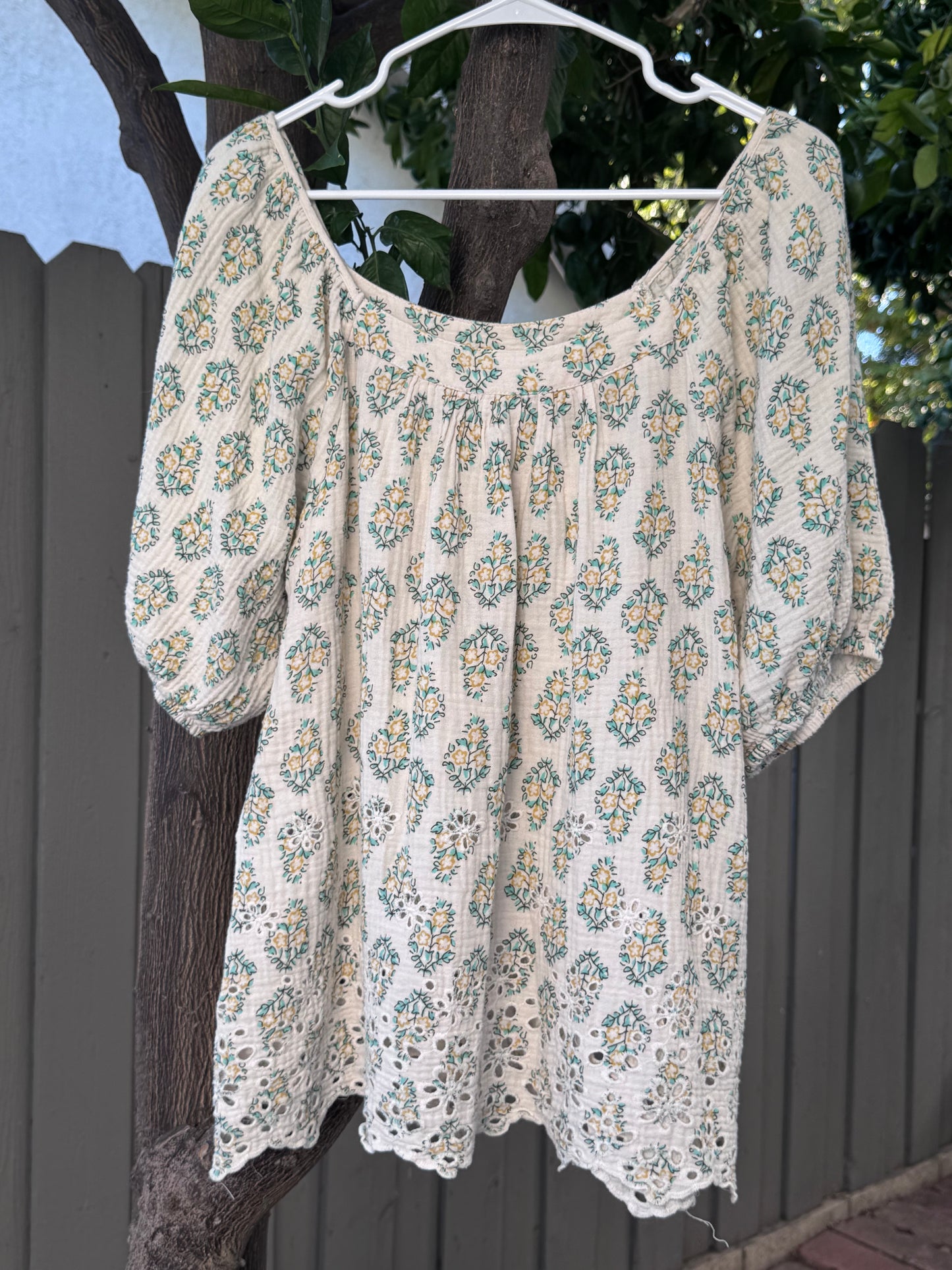 Solitaire Boho Peasant Floral Cotton Eyelet Blouse Sz XL