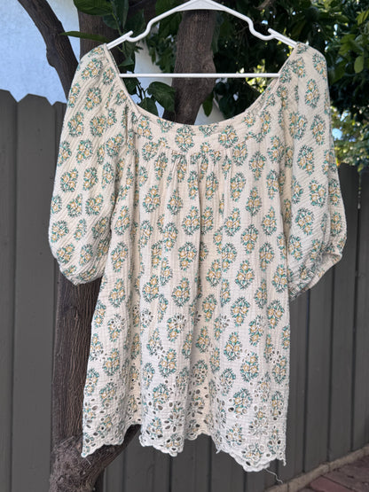 Solitaire Boho Peasant Floral Cotton Eyelet Blouse Sz XL