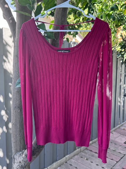 Almost Famous Magenta Ribbed Knit Sweater Top with Sheer Sleeves – Size L