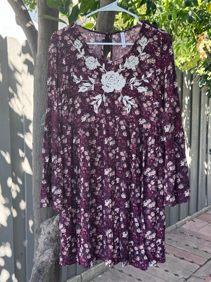 Xhilaration Burgundy Floral Embroidered Boho Dress – Size M