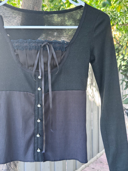 Black Corset-Inspired Long Sleeve Top with Rhinestone Buttons & Lace Detail – Size XS
