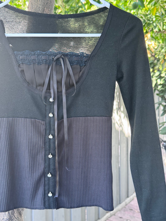 Black Corset-Inspired Long Sleeve Top with Rhinestone Buttons & Lace Detail – Size XS