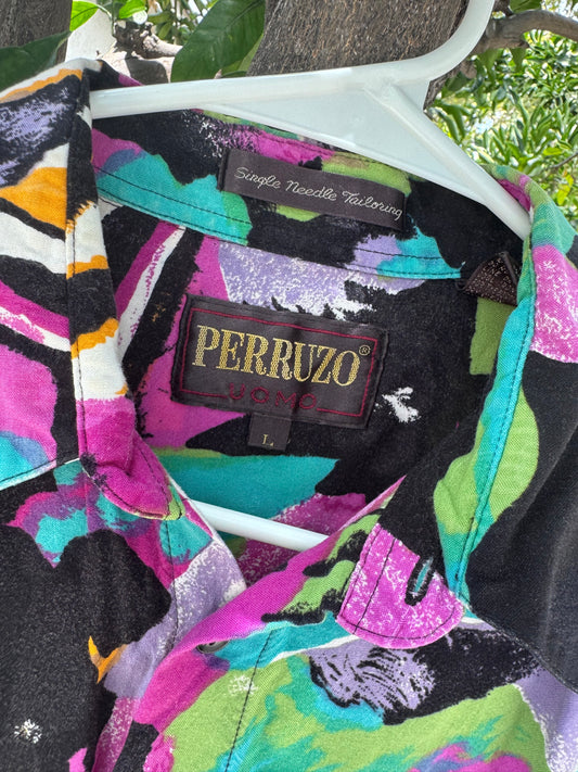 Vtg Perruzo Uomo Abstract Rayon Shirt 80s/90s Sz L