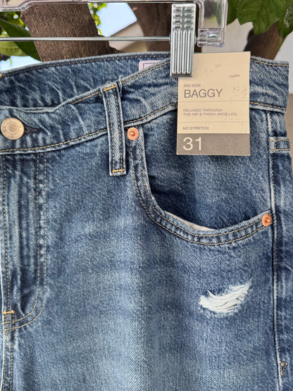 NEW GAP Baggy Mid Rise Distressed Wide Leg Jeans Women’s Sz 31