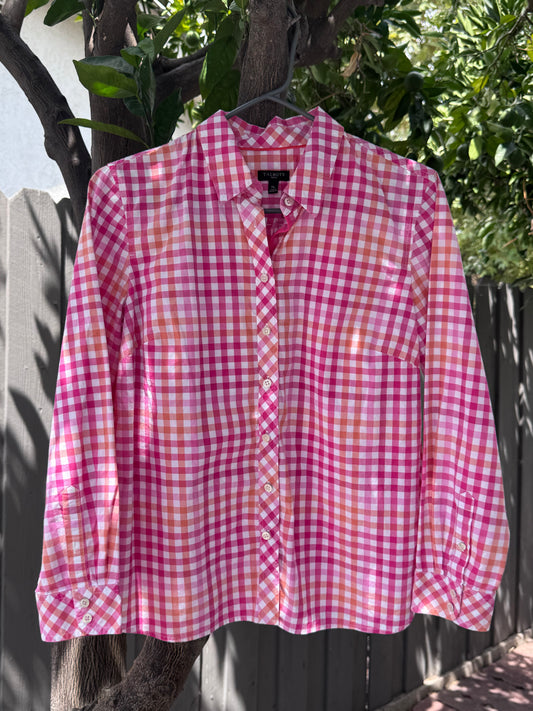 Talbots Petite Pink and Orange Gingham Button-Down Shirt Sz PM