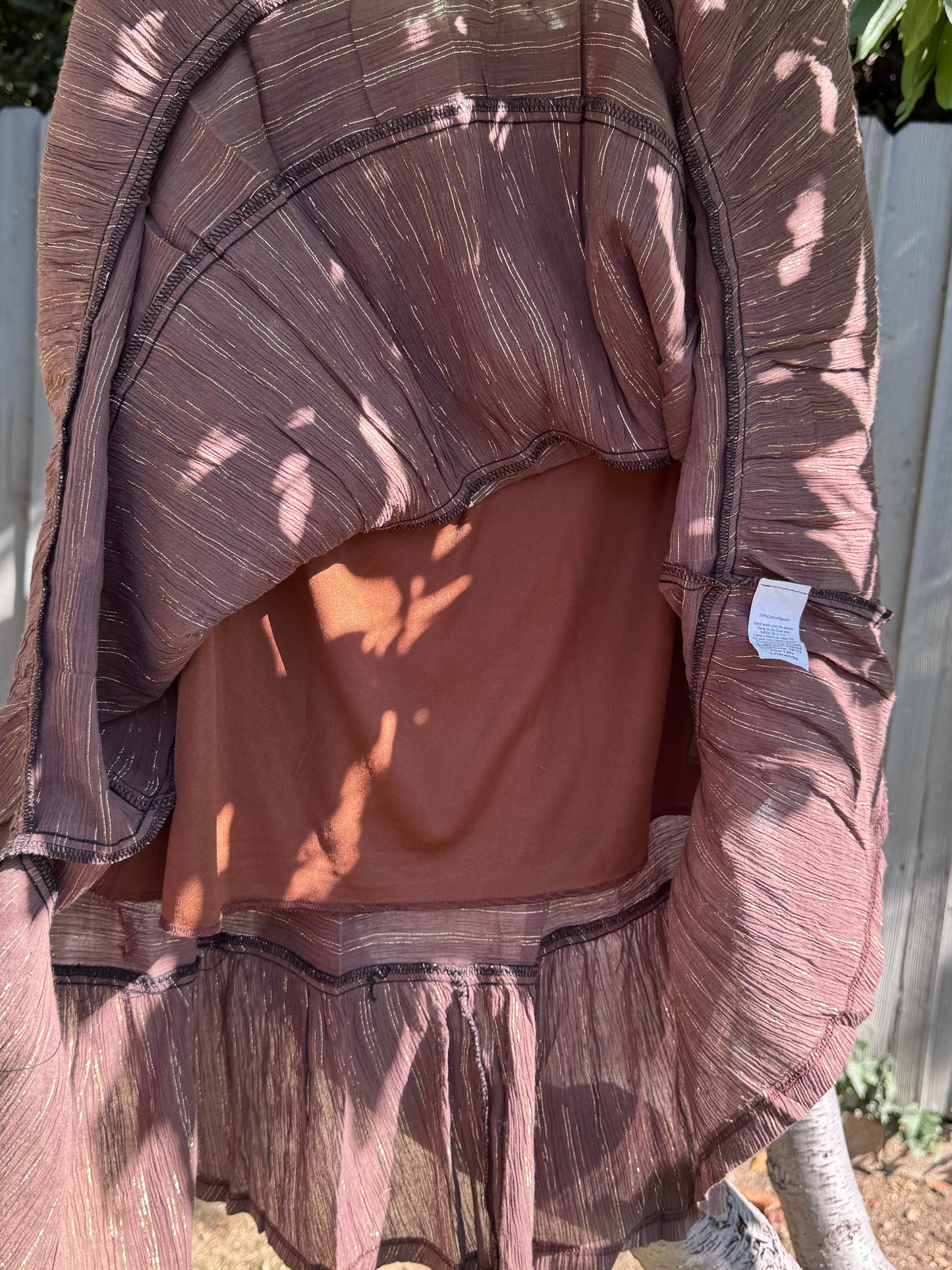 Yas Brown Metallic Tiered Boho Skirt Sz L Made in USA