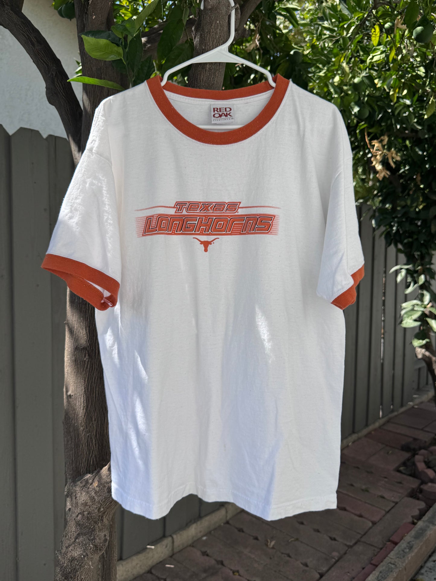 Vtg Texas Longhorns Ringer Tee Sz XL White/Orange Red Oak Sportswear