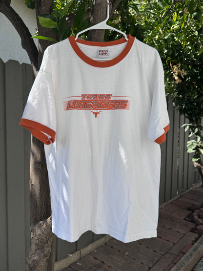 Vtg Texas Longhorns Ringer Tee Sz XL White/Orange Red Oak Sportswear