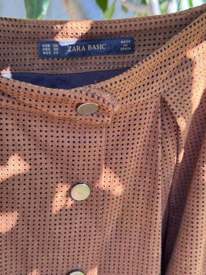 ZARA Basic Brown Faux Suede Perforated Button-Front Mini Skirt Size XS
