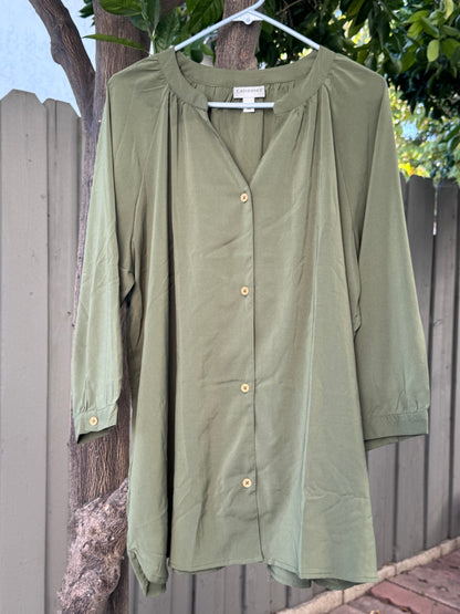 Catherines Olive Green Button Front Blouse 3/4 Sleeve Tunic Top Sz 1X
