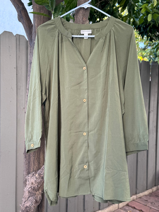 Catherines Olive Green Button Front Blouse 3/4 Sleeve Tunic Top Sz 1X