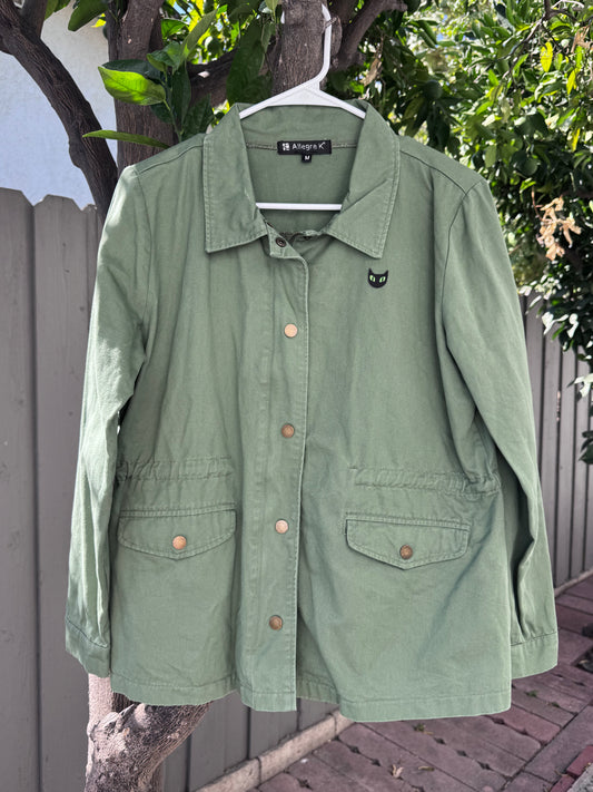 Allegra K Green Utility Jacket with Cat Patch Sz M