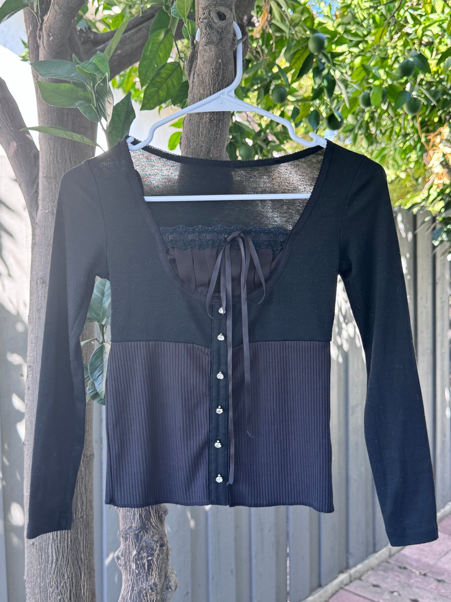 Black Corset-Inspired Long Sleeve Top with Rhinestone Buttons & Lace Detail – Size XS