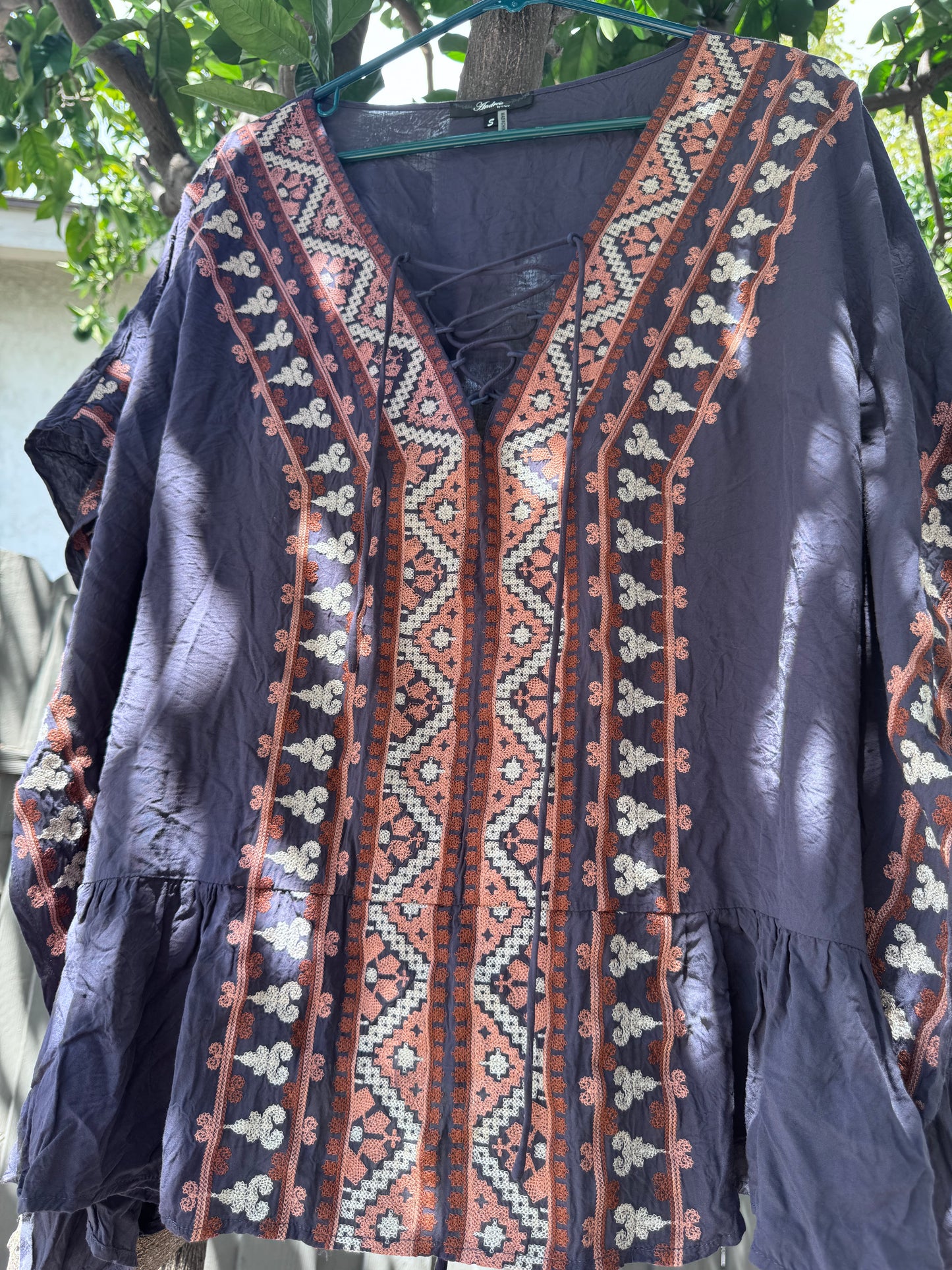 Andrée by Unit Boho Embroidered Tunic Lace Up Top Sz S