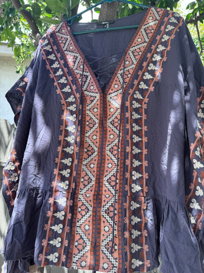 Andrée by Unit Boho Embroidered Tunic Lace Up Top Sz S