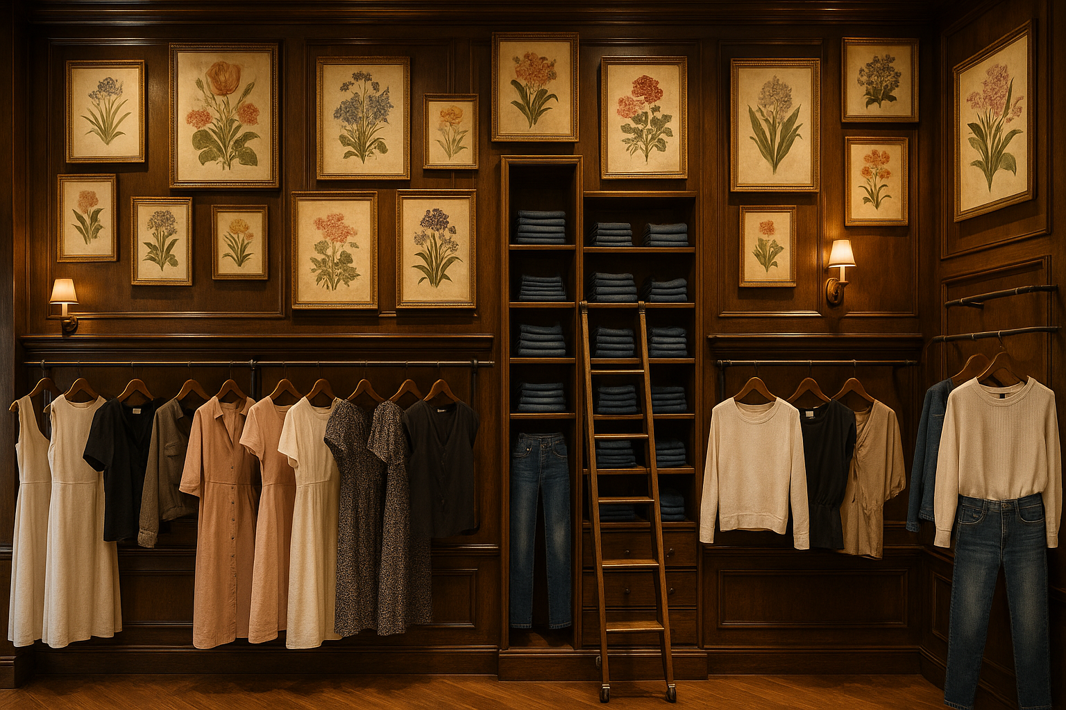 I need a picture of a clothing store with a lot of dark wood and vintage flower pictures hanging in the background. The clothing racks will have modern style dresses, tops and jeans, and in front of the shelves will be a rolling ladder